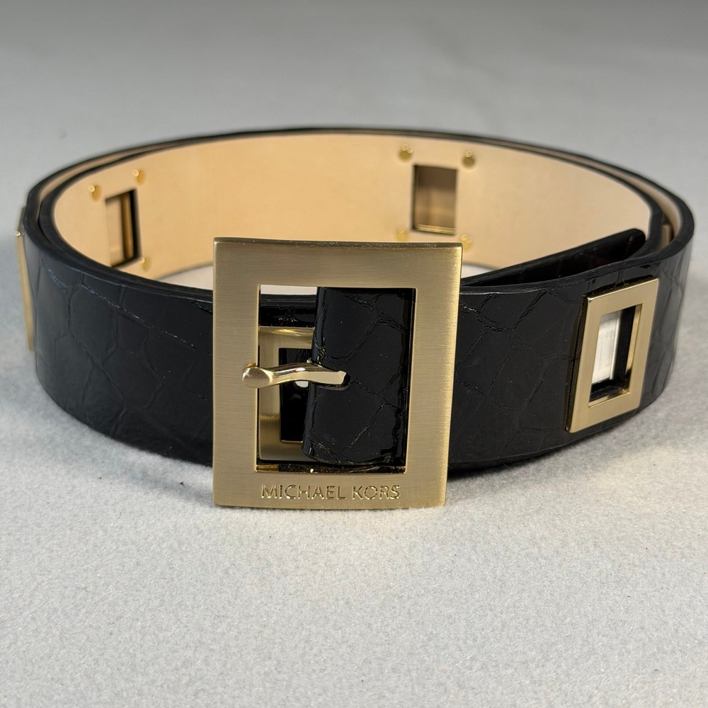 Michael Kors Black Croc Embossed Leather Belt Gold Square Buckle XL